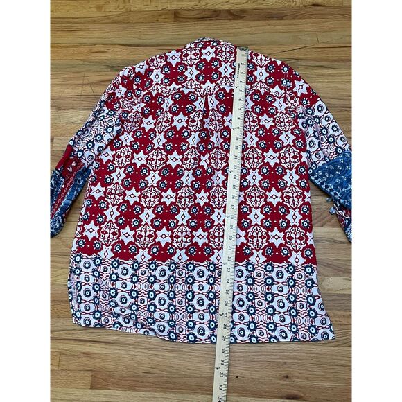 John Mark Women's M Red Button Up Rayon Tunic Shirt Floral Tie Sleeve Bohemian - Picture 9 of 9